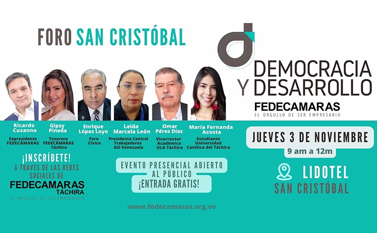 Fedecámaras realizará foro “Democracia y Desarrollo” el 3 de noviembre en San Cristóbal